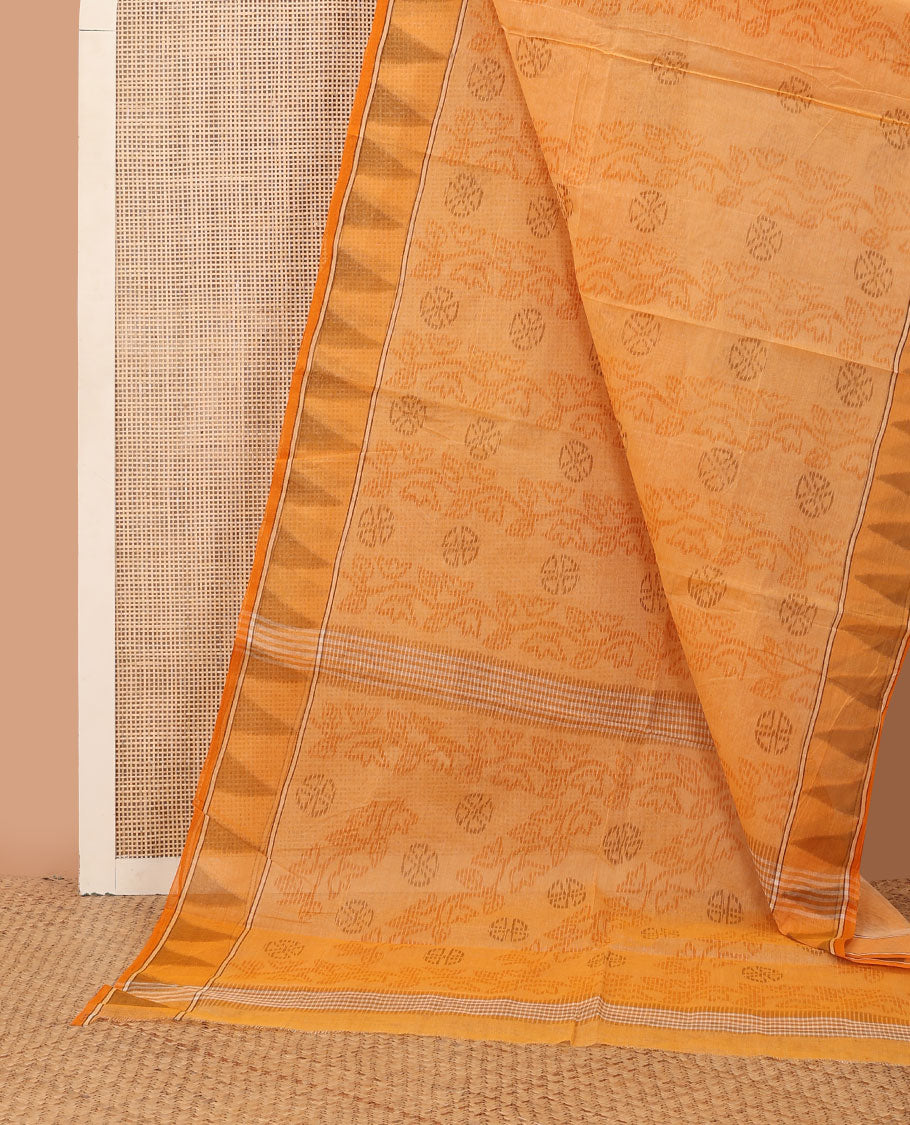 Orange striped & floral motifs printed Bengal cotton saree, temple border & printed pallu