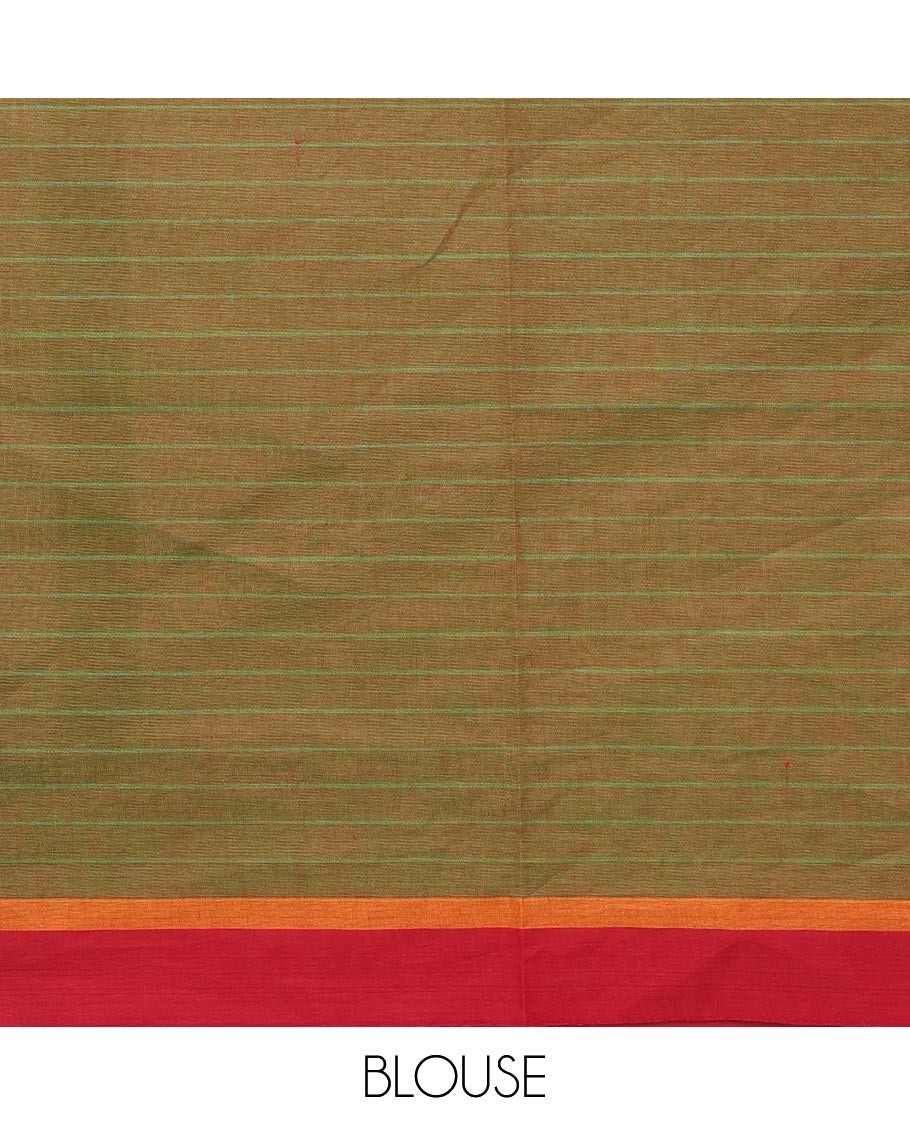 Green stripes, and floral pot motifs Kanchi cotton saree, contrast plain border, and pallu of floral motifs, and geometric patterns