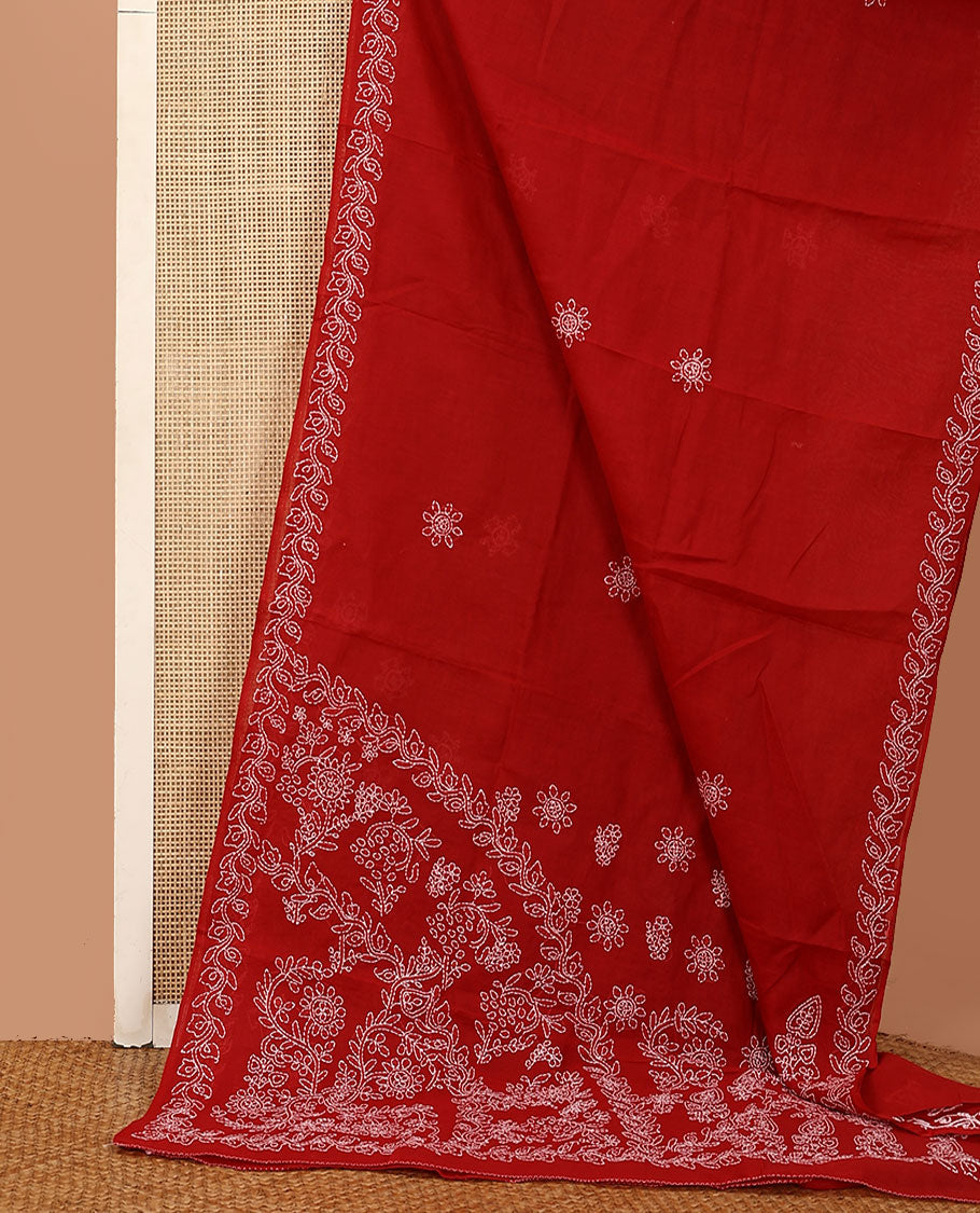 Red floral thread embroidered buttas Lucknowi chikankari saree, floral creeper thread embroidered border, and floral embroidered pallu