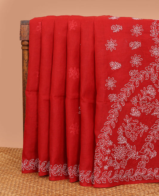 Red floral thread embroidered buttas Lucknowi chikankari saree, floral creeper thread embroidered border, and floral embroidered pallu