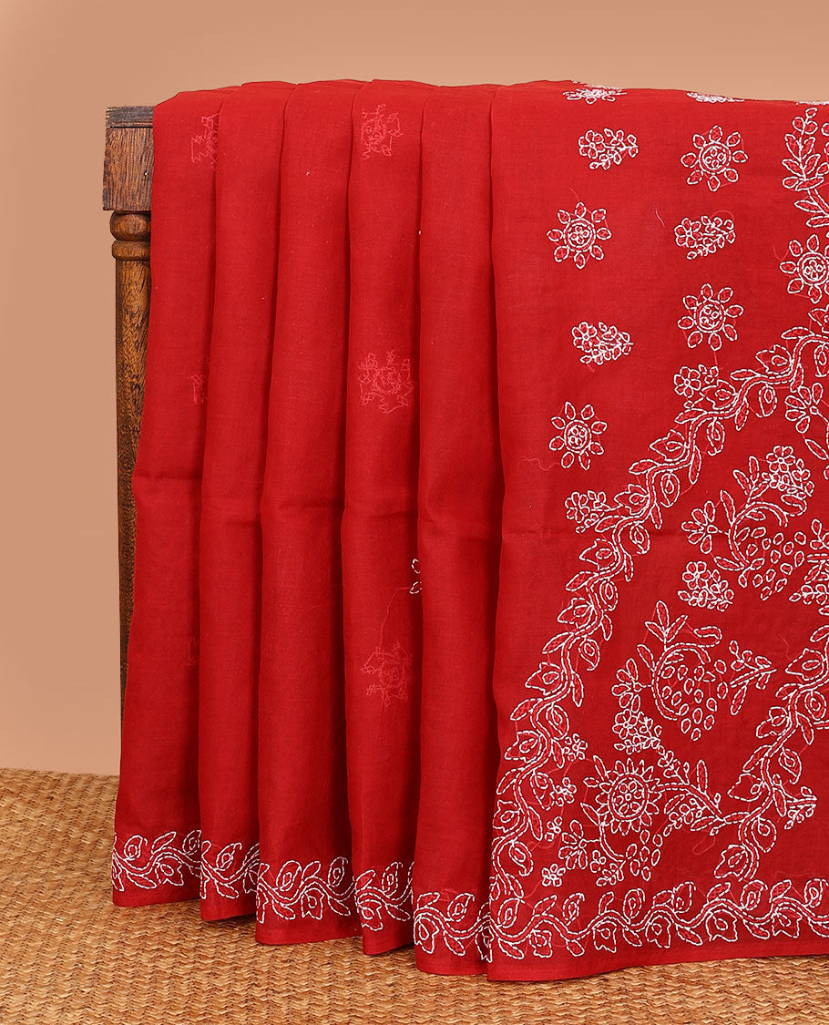 Red floral thread embroidered buttas Lucknowi chikankari saree, floral creeper thread embroidered border, and floral embroidered pallu