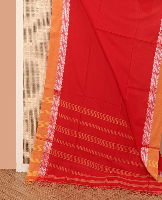 Red Plain Khadi Cotton Saree, Complemented by a Contrast Traditional Motifs Thread Woven Border, Pallu Features Stripes, and Comes Without a Blouse