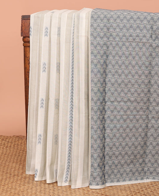 Borderless Off-White and Grey Kanchi Cotton Saree, Woven with Stripes and Buttas All Over Its Body, Intricately Designed Pallu of Geometric Designs, and Paired with a Matching Blouse