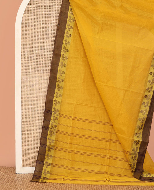 Yellow Plain Bengal Cotton Saree, Contrast Floral Border, Striped Pallu, and No Blouse