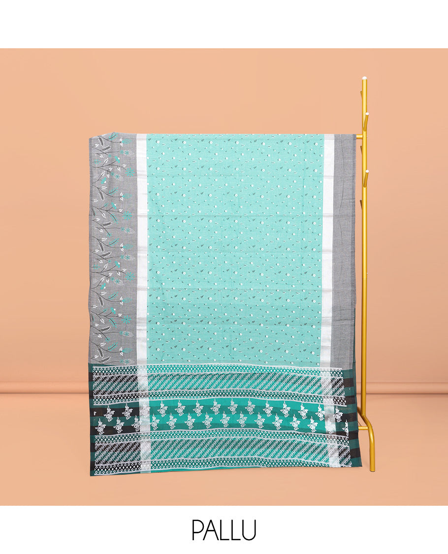 Turquoise Chirala Cotton Saree, Steeped with Buttas, a Contrast Floral Border, Printed Pallu, and a Contrast Blouse