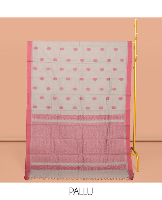 Grey Kanchi Cotton Saree, Bedecked with Buttas All Over Its Body, Complemented by a Contrast Border, Pallu of Jaal Design, and Paired with a Matching Blouse