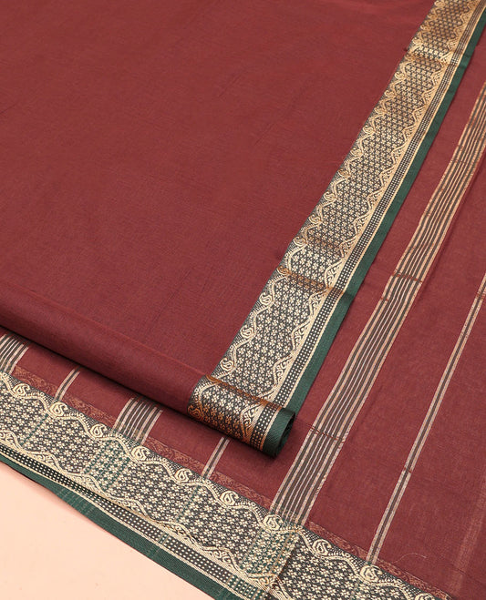 Maroon Plain Nine-Yard Cotton Saree, Complemented by a Contrast Border of Floral and Paisley Designs, Striped Pallu, and Comes Without a Blouse