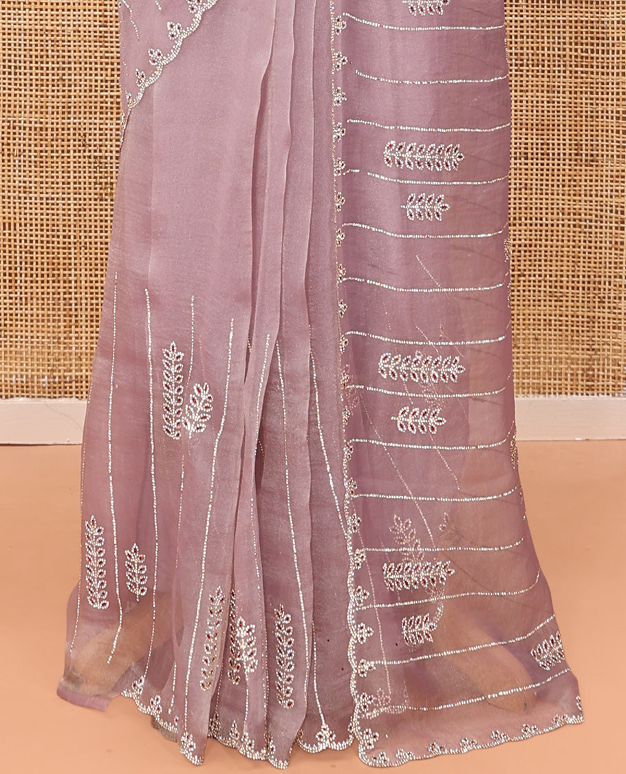 Lavender Swarovski and Meena Stonework Organza Designer Saree with Scallop Border, Matching Blouse