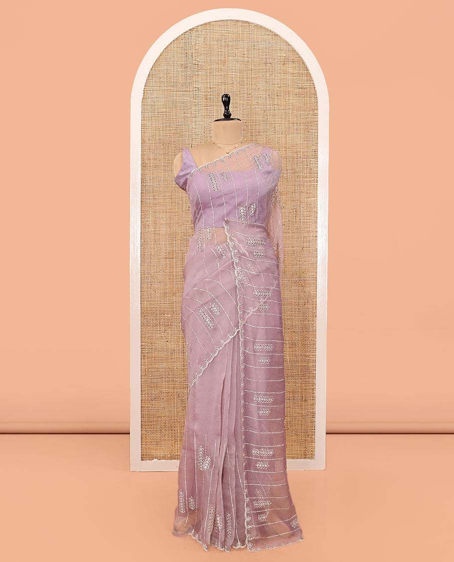 Lavender Swarovski and Meena Stonework Organza Designer Saree with Scallop Border, Matching Blouse