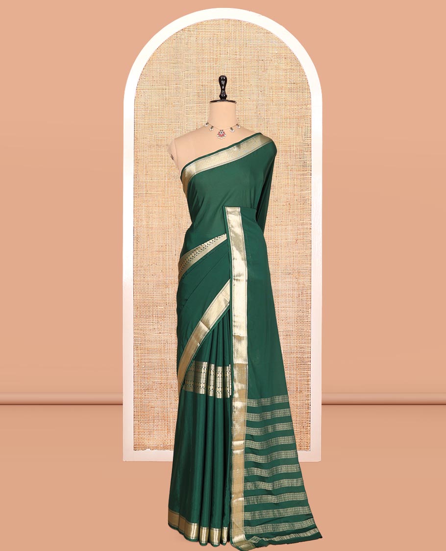 Bottle Green Traditional Zari Woven Mysore Silk Saree, a Zari Border, Striped Pallu, and a Matching Blouse