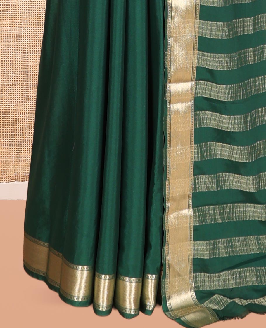 Bottle Green Traditional Zari Woven Mysore Silk Saree, a Zari Border, Striped Pallu, and a Matching Blouse