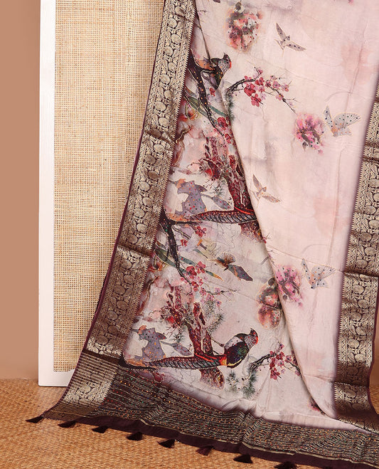Pale pink nature-theme printed with French knot embroidered dola silk saree, contrast floral zari design border & French knot thread embroidered pallu
