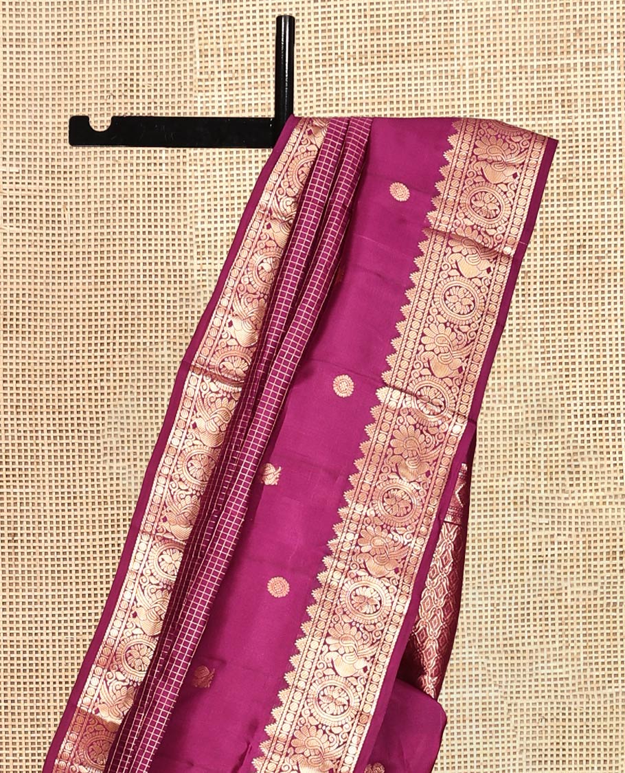 Purple Vasundhara Lite Silk Mix Saree, Artfully Detailed with Mayil-Chakram Buttas and Zari Checks All Over Its Body, Highlighted by a Zari Border of Thazampoo Rekkum, Paisa, Mayil, and Chakram Designs, a Grand Pallu, and Paired with a Matching Blouse