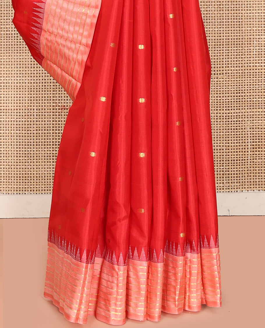 Red Vasundhara Silk Saree, Gracefully Woven with Kamalam Buttas on Its Body, Complemented by a Captivating Contrast Thazampoo Rekku Border of Banaras Designs, Zari-Decked Up Pallu, and Paired with a Contrast Blouse