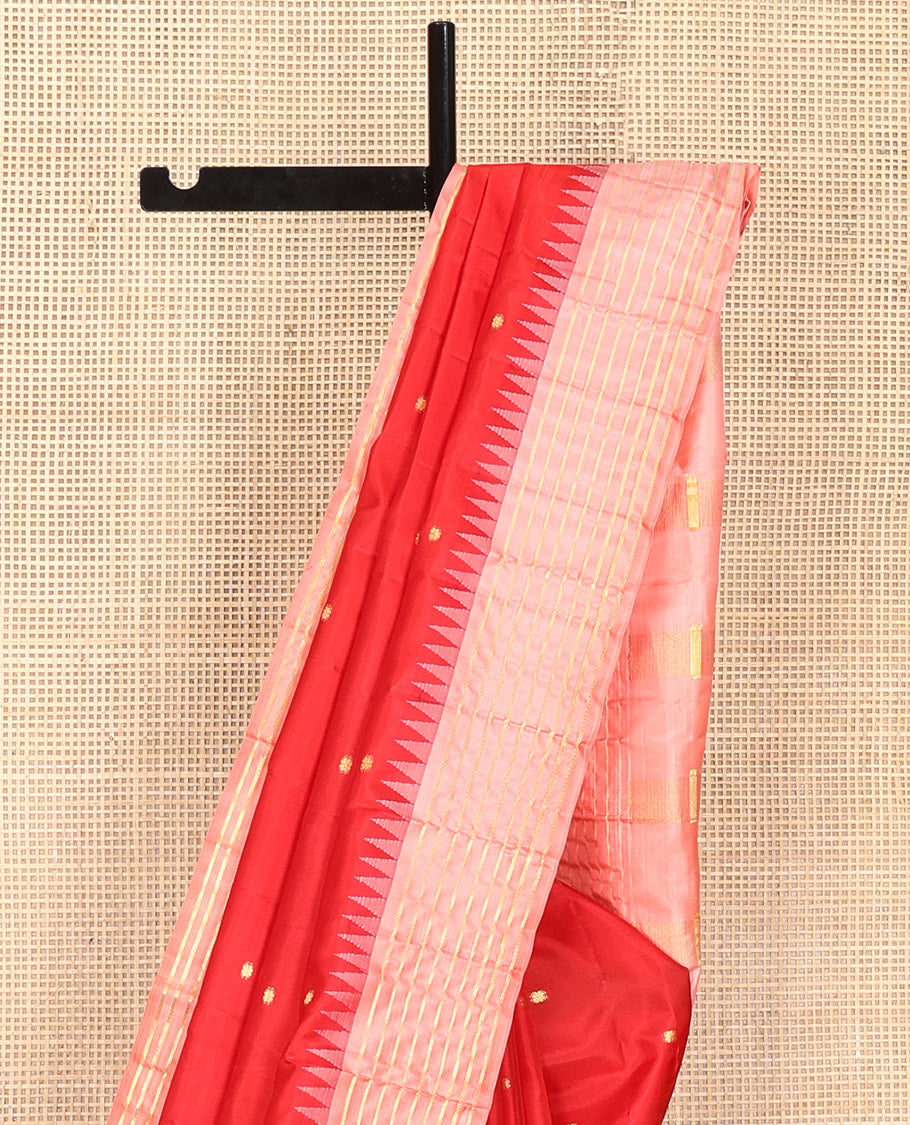 Red Vasundhara Silk Saree, Gracefully Woven with Kamalam Buttas on Its Body, Complemented by a Captivating Contrast Thazampoo Rekku Border of Banaras Designs, Zari-Decked Up Pallu, and Paired with a Contrast Blouse