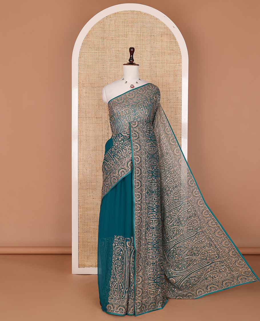 Teal blue floral and paisley vine embroidered designer saree, scallop paisley thread embroidered border