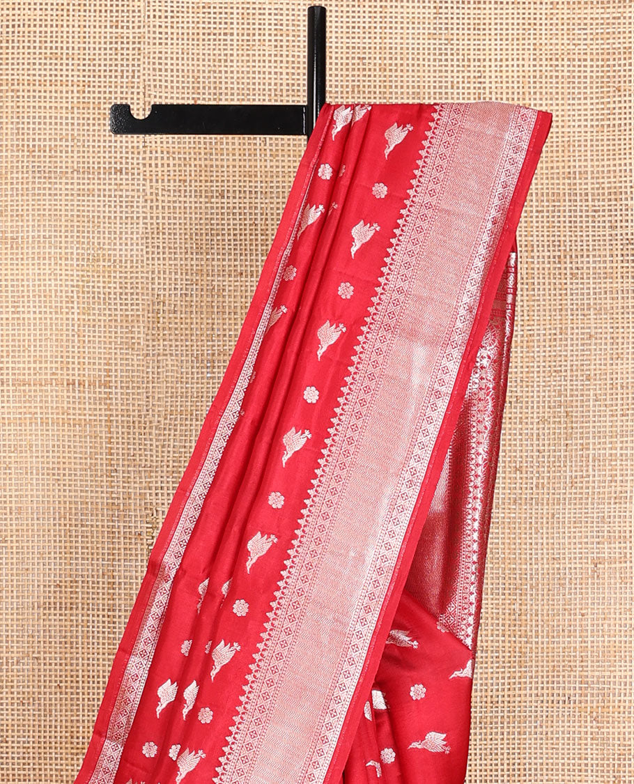 Red bird & floral zari buttas raw mango silk saree, zari border of traditional designs & intricately designed pallu