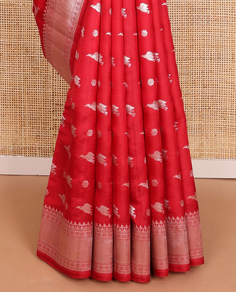 Red bird & floral zari buttas raw mango silk saree, zari border of traditional designs & intricately designed pallu