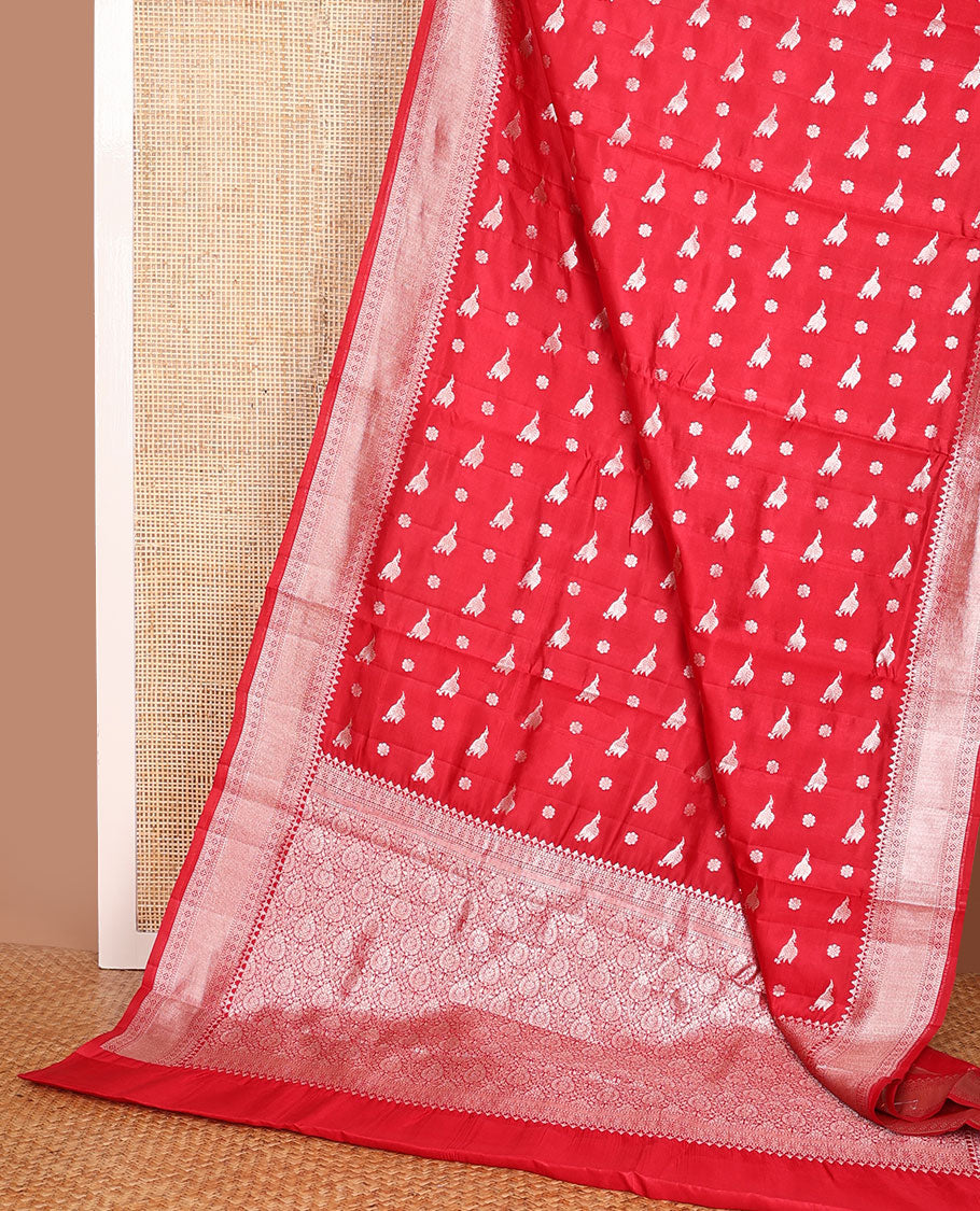 Red bird & floral zari buttas raw mango silk saree, zari border of traditional designs & intricately designed pallu