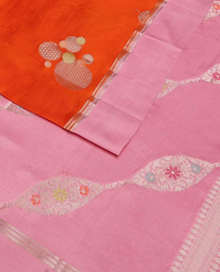 Orange circle buttas zari woven raw mango silk saree, contrast zari striped border, and diagonal meenakari design
