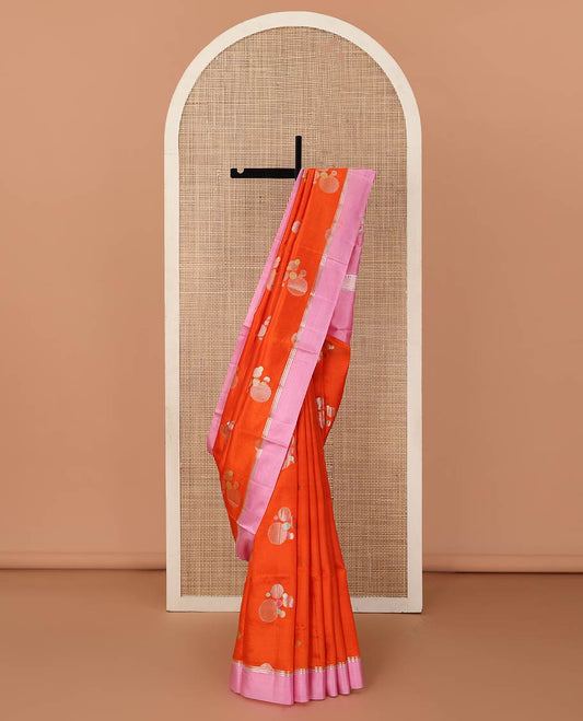 Orange circle buttas zari woven raw mango silk saree, contrast zari striped border, and diagonal meenakari design