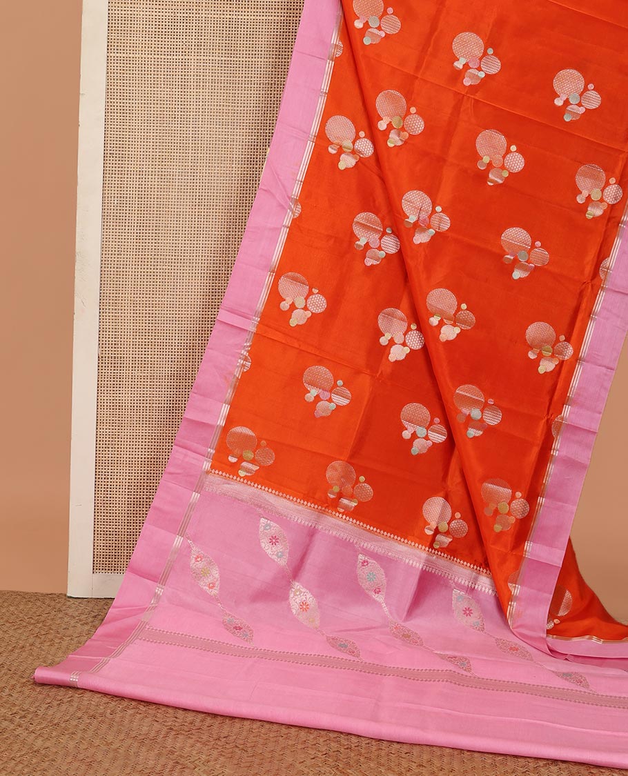 Orange circle buttas zari woven raw mango silk saree, contrast zari striped border, and diagonal meenakari design