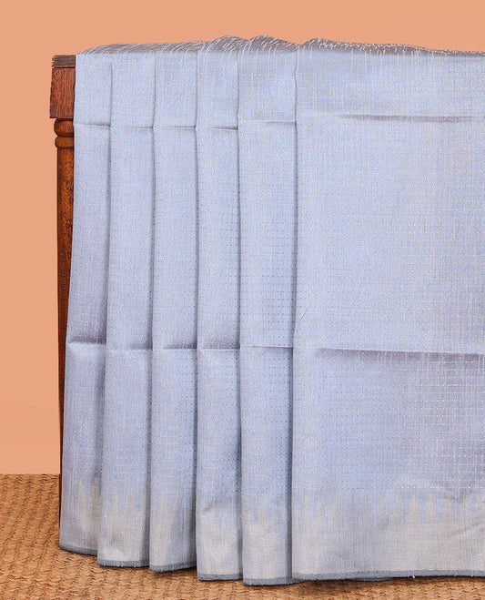 Grey dotted striped dupion saree, temple border, and contrast pallu of temple and stripes