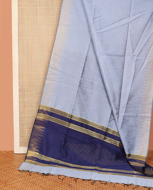 Grey dotted striped dupion saree, temple border, and contrast pallu of temple and stripes