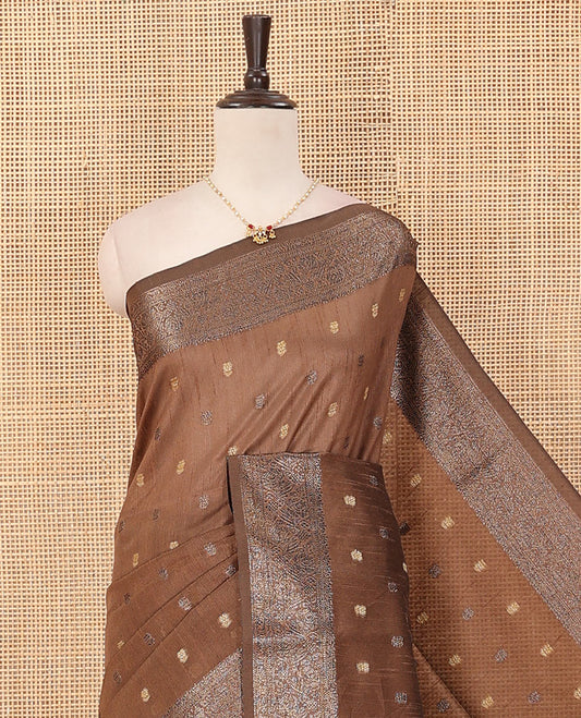 Brown buttas dupion saree, traditional border, and contrast pallu of sequins stripes