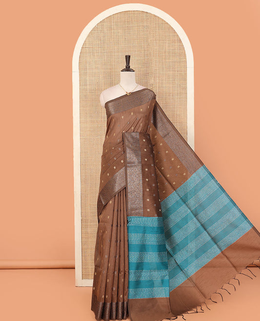 Brown buttas dupion saree, traditional border, and contrast pallu of sequins stripes