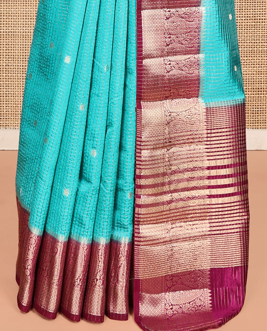 Blue Semi-Banarasi Dupion Saree, Detailed with Zari Butta and Checks, a Contrast Paisley Zari Design Border, Striped Pallu, and a Contrast Blouse