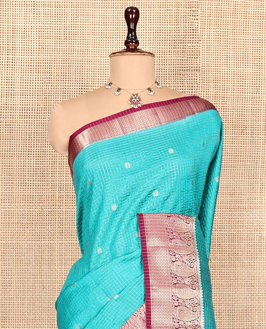 Blue Semi-Banarasi Dupion Saree, Detailed with Zari Butta and Checks, a Contrast Paisley Zari Design Border, Striped Pallu, and a Contrast Blouse