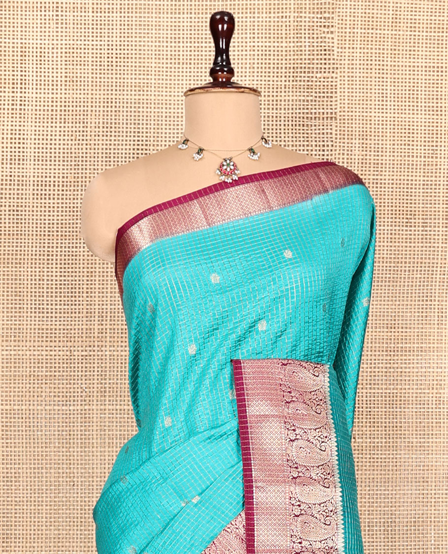 Blue Semi-Banarasi Dupion Saree, Detailed with Zari Butta and Checks, a Contrast Paisley Zari Design Border, Striped Pallu, and a Contrast Blouse