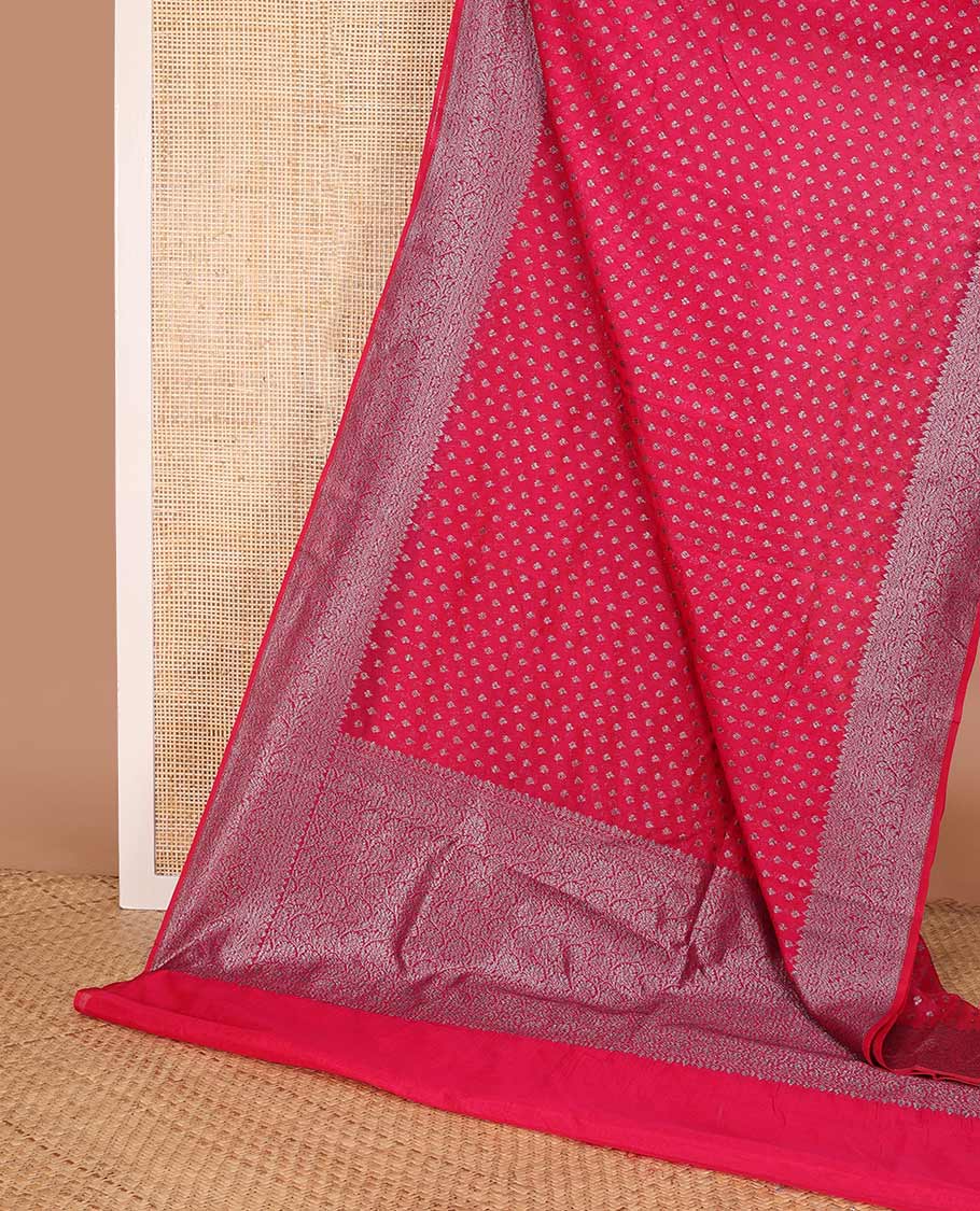 Pink zari buttas fancy saree, zari floral creeper border, and floral jaal pallu