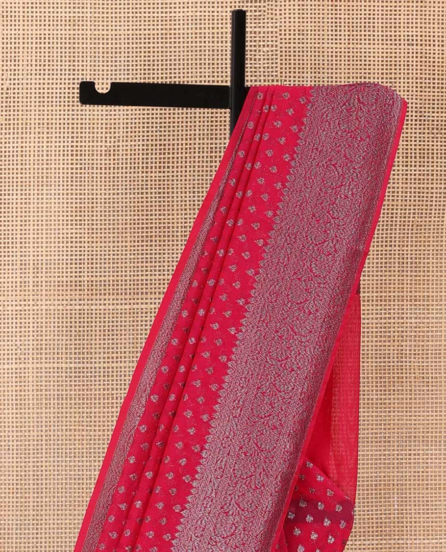 Pink zari buttas fancy saree, zari floral creeper border, and floral jaal pallu