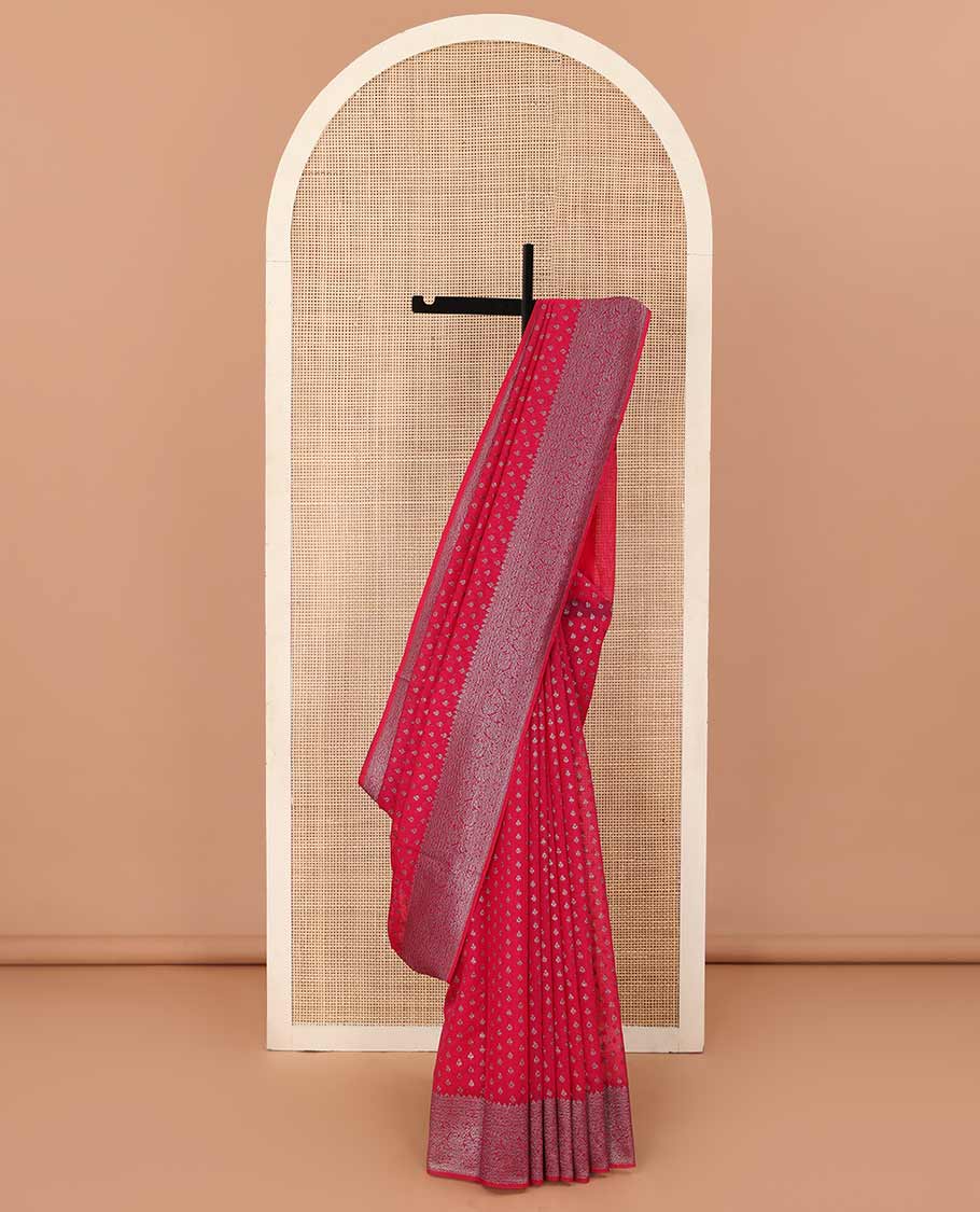 Pink zari buttas fancy saree, zari floral creeper border, and floral jaal pallu