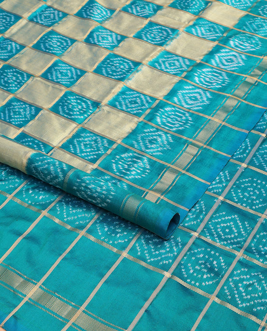 Blue buttas enclosed checked ikkat saree, self-border & pallu of buttas enclosed checks
