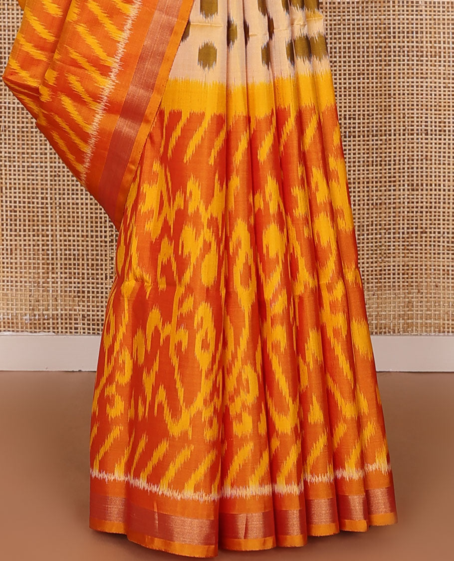 Orange intricately ikkat design woven pure ikkat saree, zari border & pallu of ikkat designs