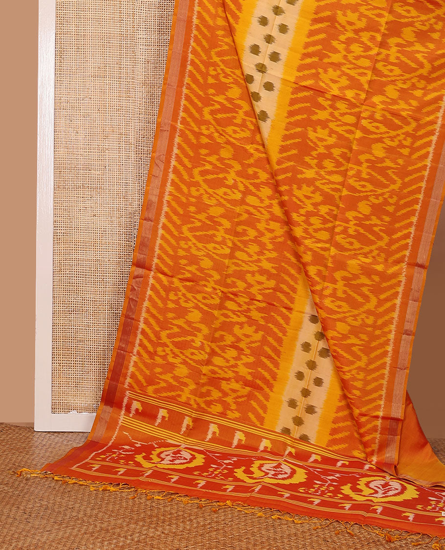 Orange intricately ikkat design woven pure ikkat saree, zari border & pallu of ikkat designs
