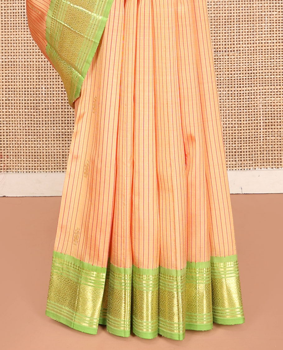Orange Kanchipuram Silk Saree, Sparsely Threaded with Zari Buttas and Stripes, Contrast Border of Paneer Sombu, Banaras, Muthu, and Jaal, Zari Design Pallu, and No Blouse
