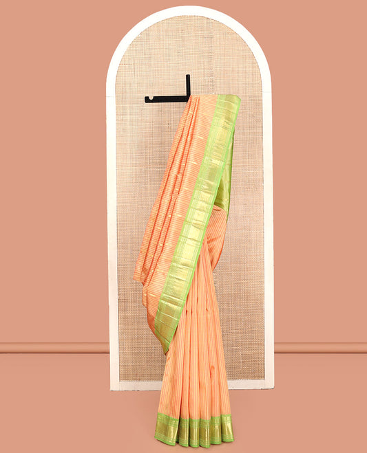 Orange Kanchipuram Silk Saree, Sparsely Threaded with Zari Buttas and Stripes, Contrast Border of Paneer Sombu, Banaras, Muthu, and Jaal, Zari Design Pallu, and No Blouse