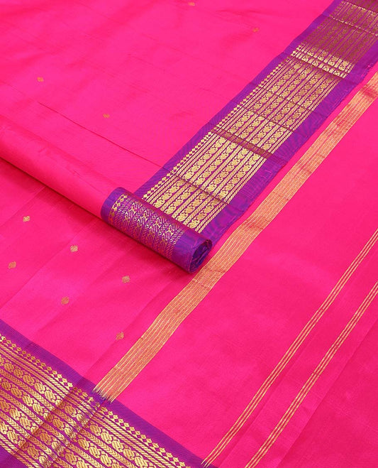 Pink buttas kancheepuram silk saree with contrast border of rekku, banaras, kathir, manga design & zari design pallu