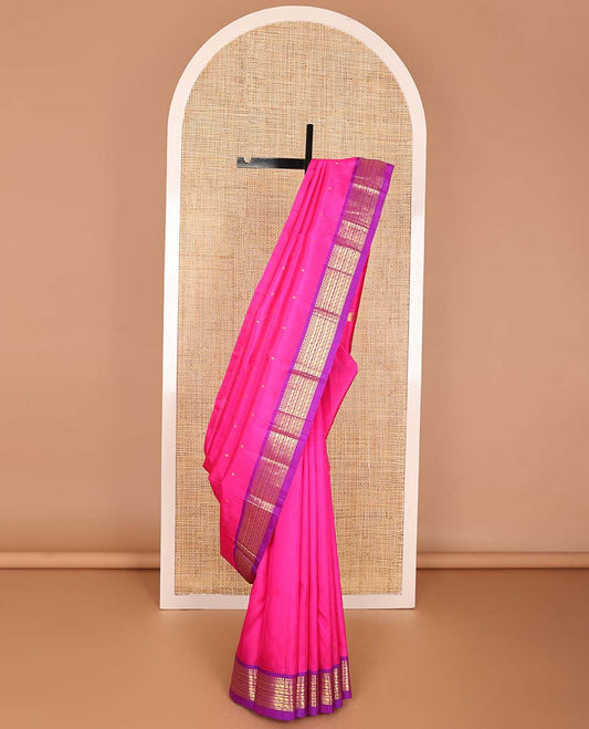 Pink buttas kancheepuram silk saree with contrast border of rekku, banaras, kathir, manga design & zari design pallu
