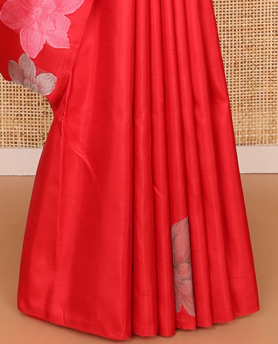 Borderless Red kancheepuram silk saree with floral design & floral design pallu