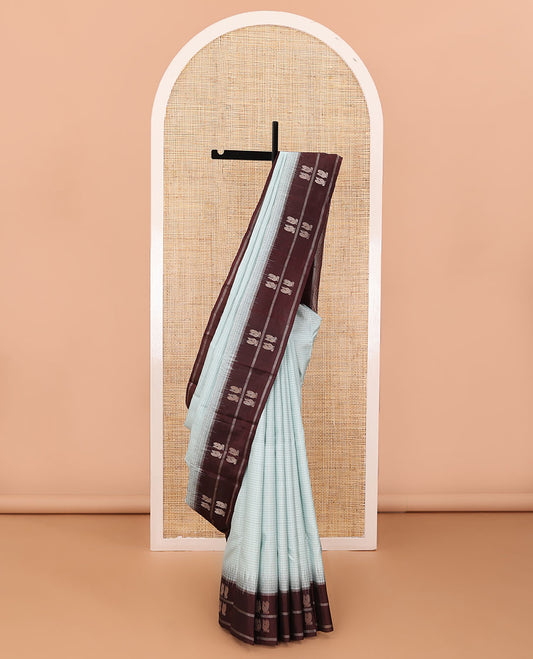Blue checked silk saree, contrast border of mayil motifs & scallop design pallu