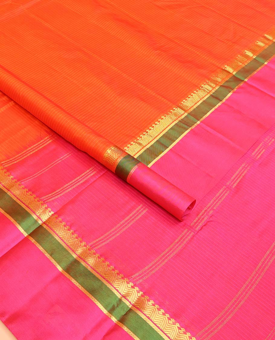 Orange striped Kanchipuram silk saree, contrast kaal erangina rettai pettu border of diamond, vanki, and kathir designs, and zari design pallu