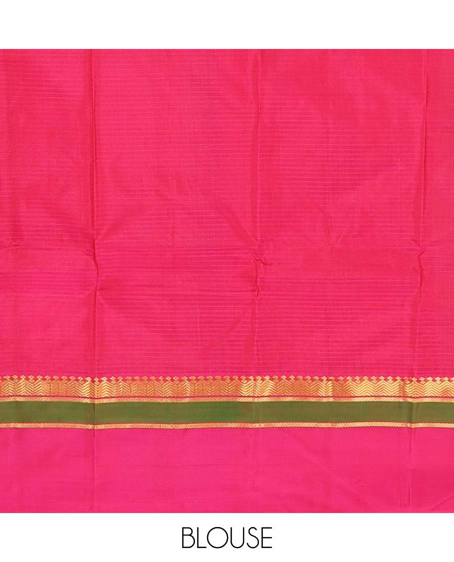 Orange striped Kanchipuram silk saree, contrast kaal erangina rettai pettu border of diamond, vanki, and kathir designs, and zari design pallu