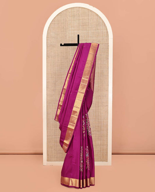 Rani Pink Kanchipuram Designer Silk Saree, Majestically Detailed with Meenakari Floral-Bird Theme Motifs All Over Its Body, Highlighted by a Zari Border of Then Kuli Kann Designs, Grandly Woven Jaal Pallu, and Paired with a Matching Blouse