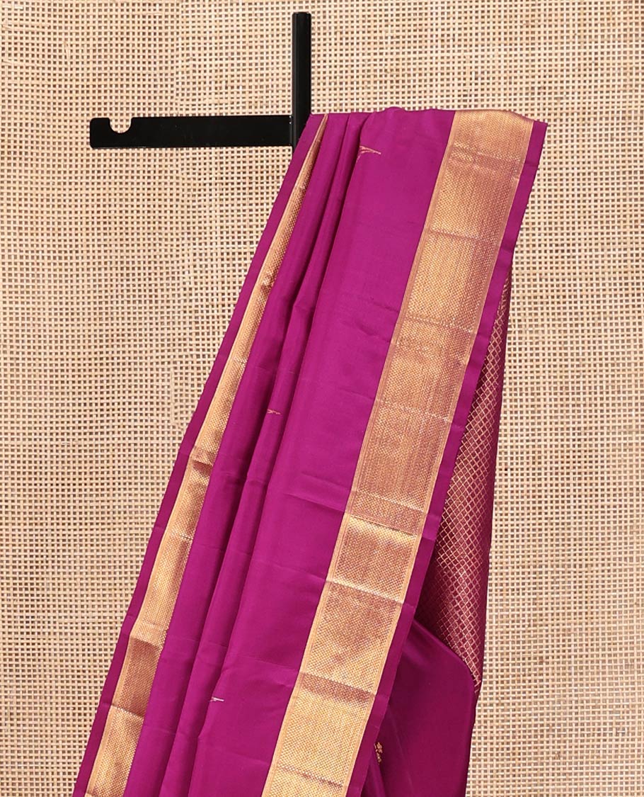 Rani Pink Kanchipuram Designer Silk Saree, Majestically Detailed with Meenakari Floral-Bird Theme Motifs All Over Its Body, Highlighted by a Zari Border of Then Kuli Kann Designs, Grandly Woven Jaal Pallu, and Paired with a Matching Blouse