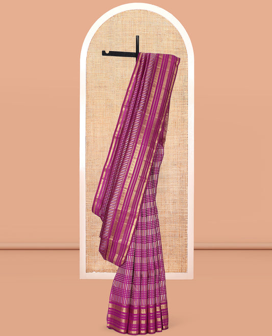 Purple Kanchipuram Designer Silk Saree, Steeped in Richness of Zari Buttas, Zari Border of Muthu, Banaras, and Cross Kamalam Design, Grand Pallu, and a Matching Blouse